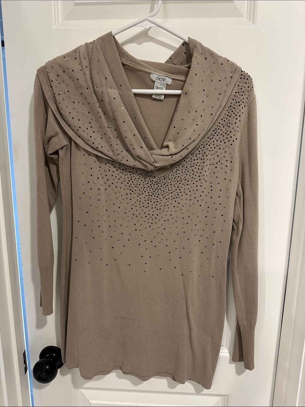 Cache Taupe Long-Sleeve Drape Collar Sweater Dress with Stud Accents